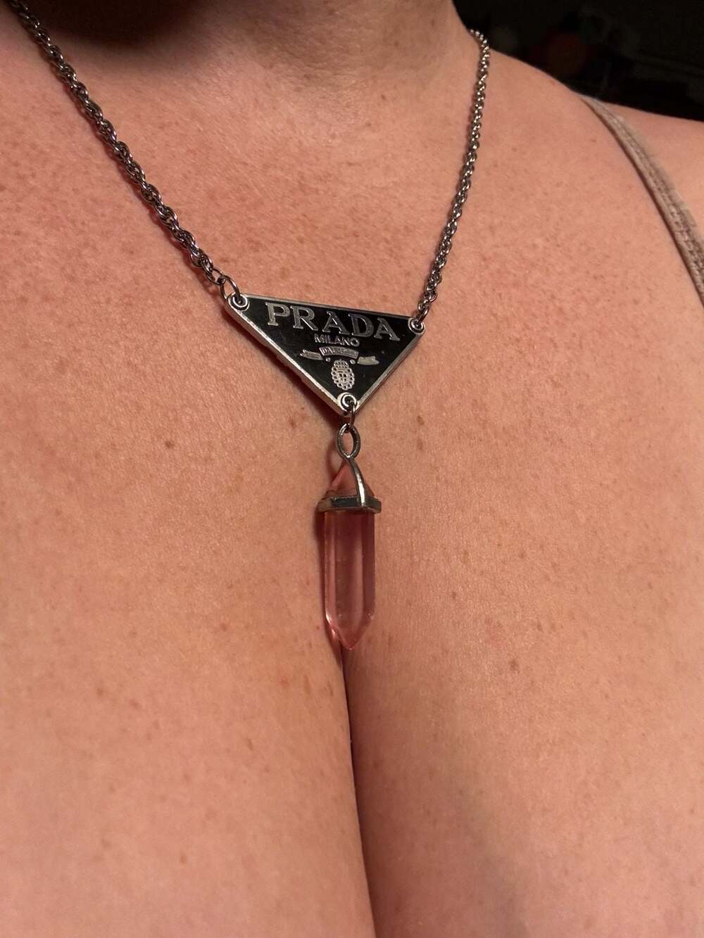 Repurposed Prada Triangle Logo Pendant Necklace with Pink Crystal Quartz